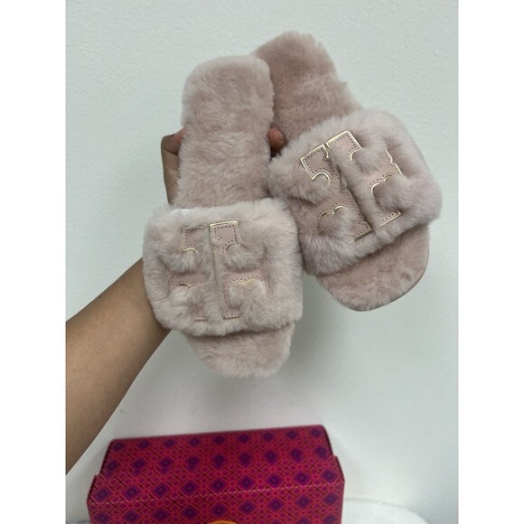 TORY BURCH SHEARLING SLIDE SANDAL SHELL PINK /GOLD TRIM DOUBLE LOGO SZ US 6 NEW - Picture 7 of 10